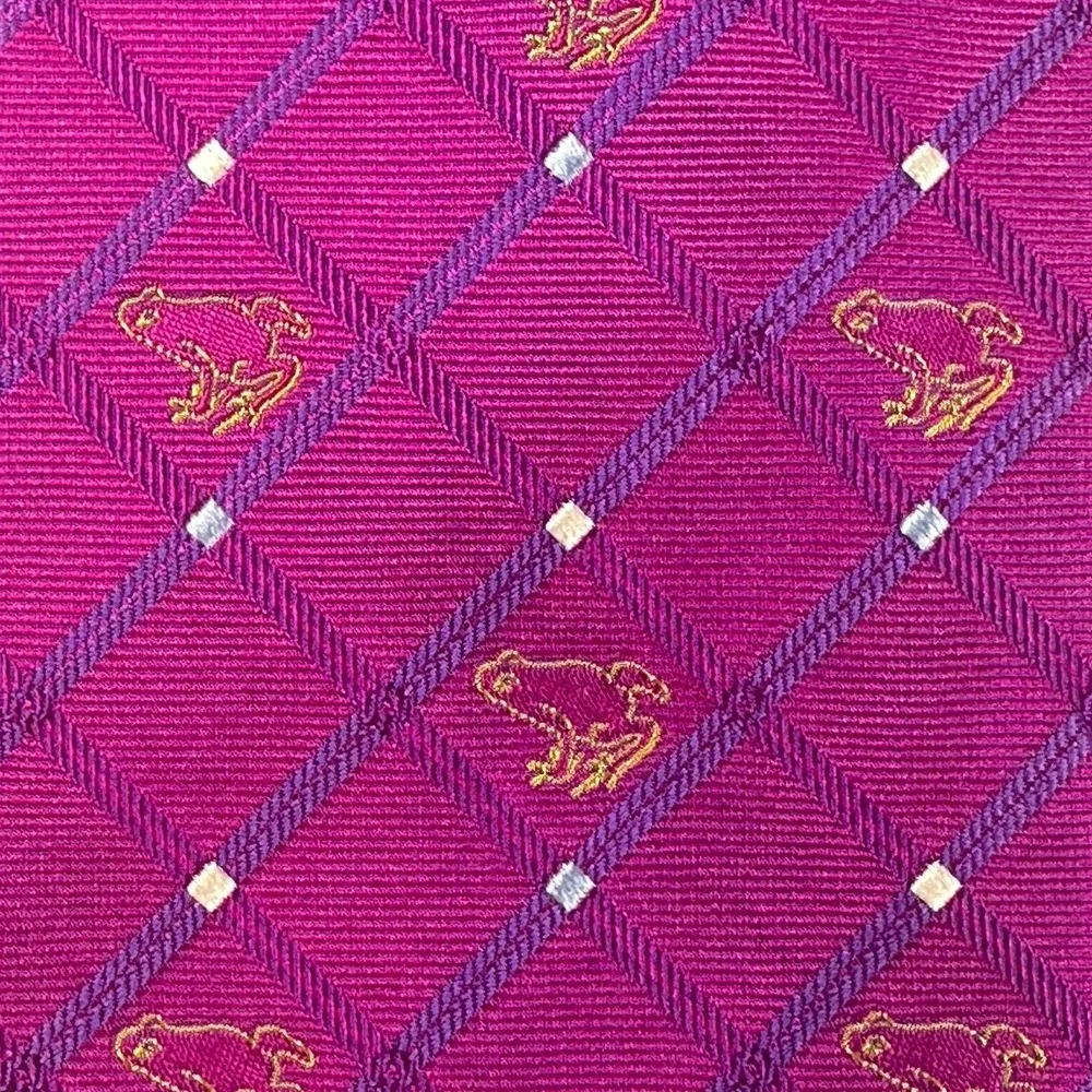 Jan Leslie Frog Silk Tie Italy Purple Pink Check Necktie Vintage 59x3.25